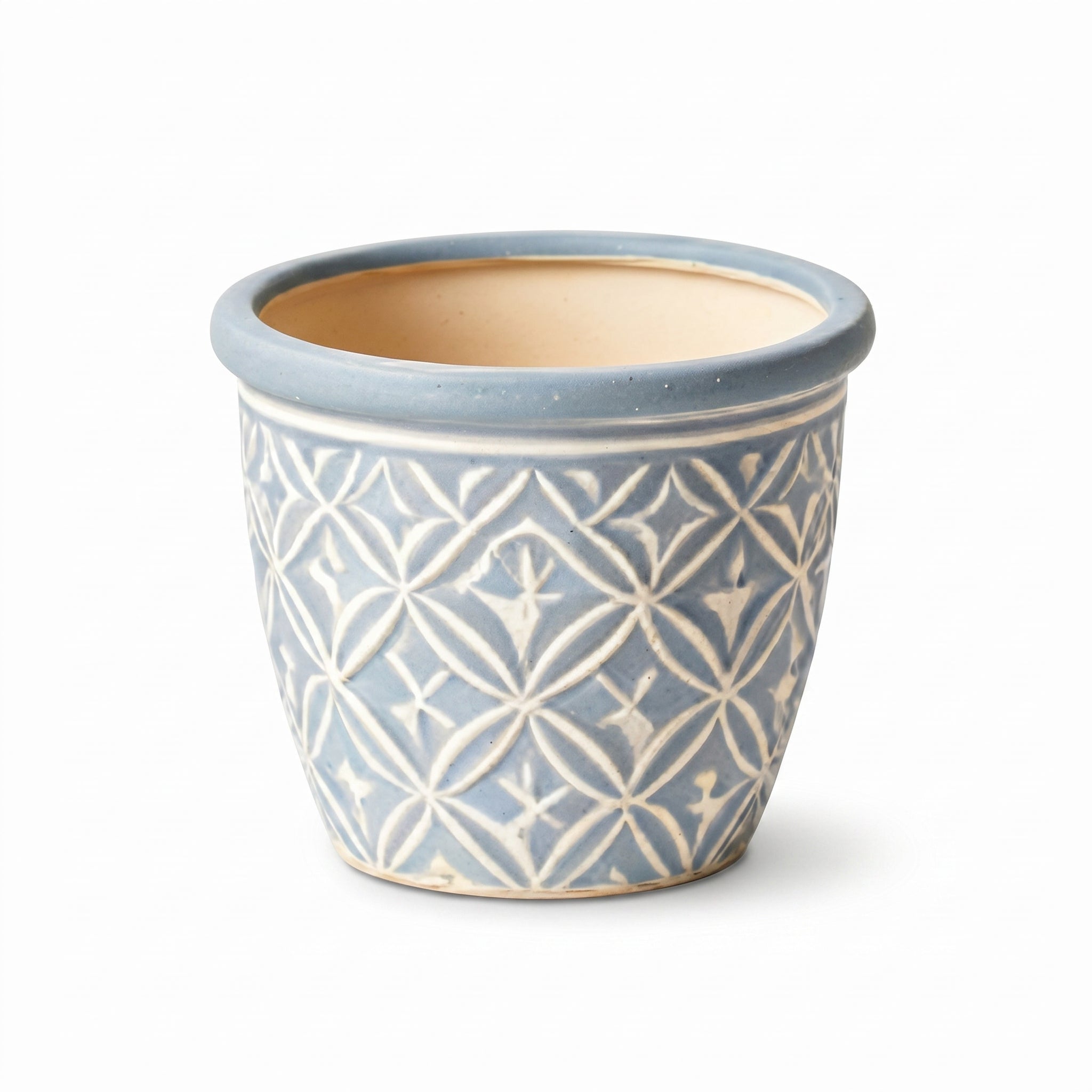 Embossed Geometric Ceramic Planter in Slate Blue