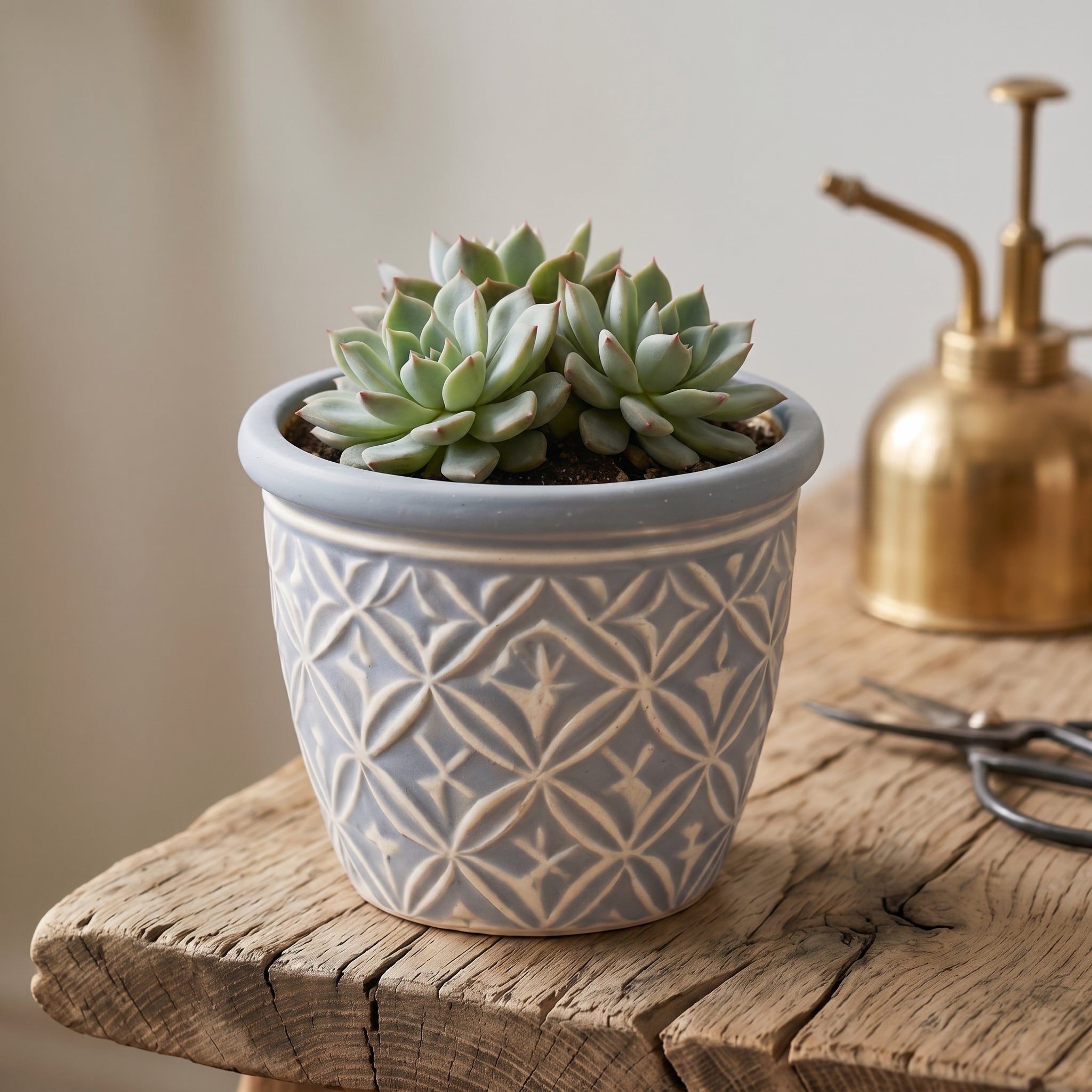 Embossed Geometric Ceramic Planter in Slate Blue