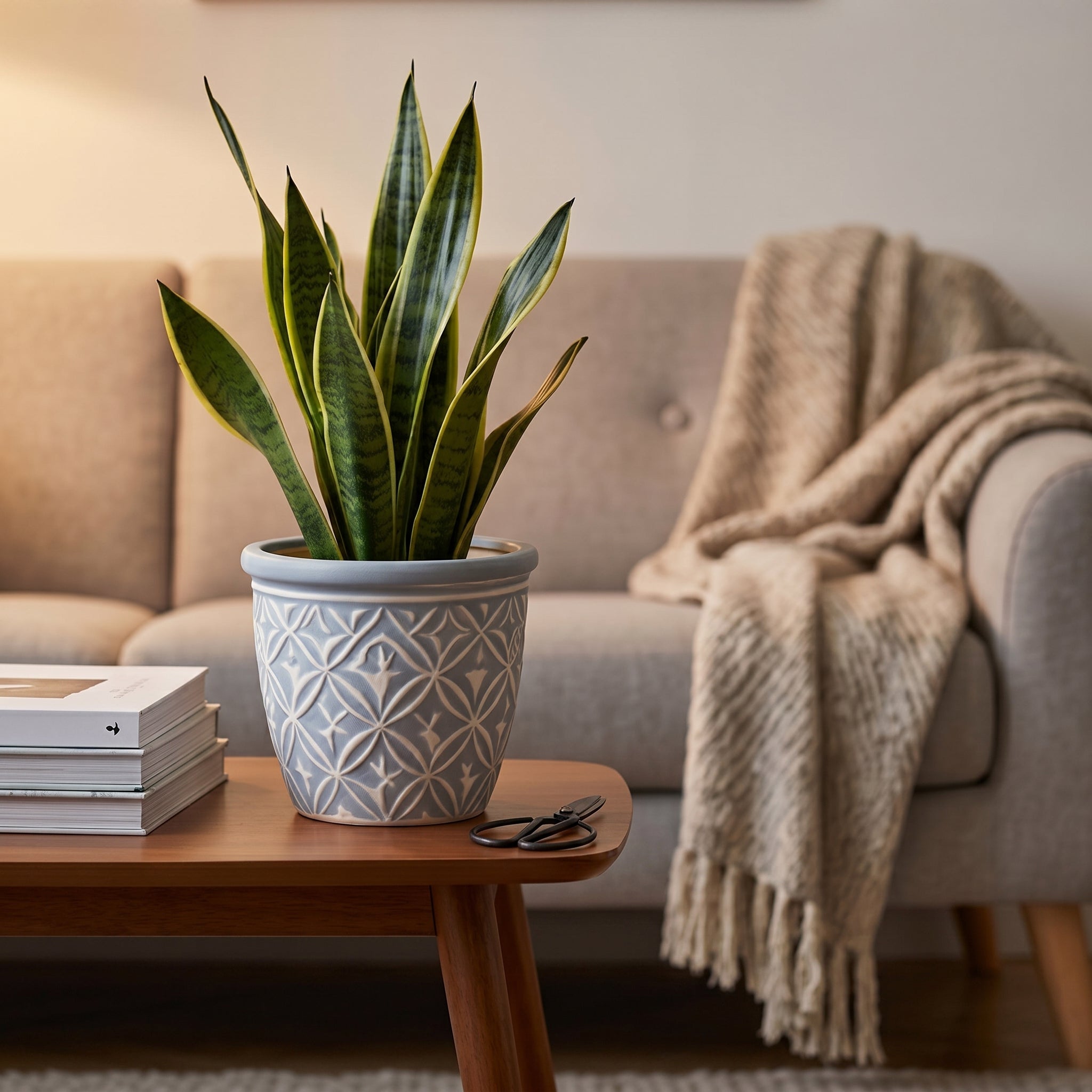 Embossed Geometric Ceramic Planter in Slate Blue