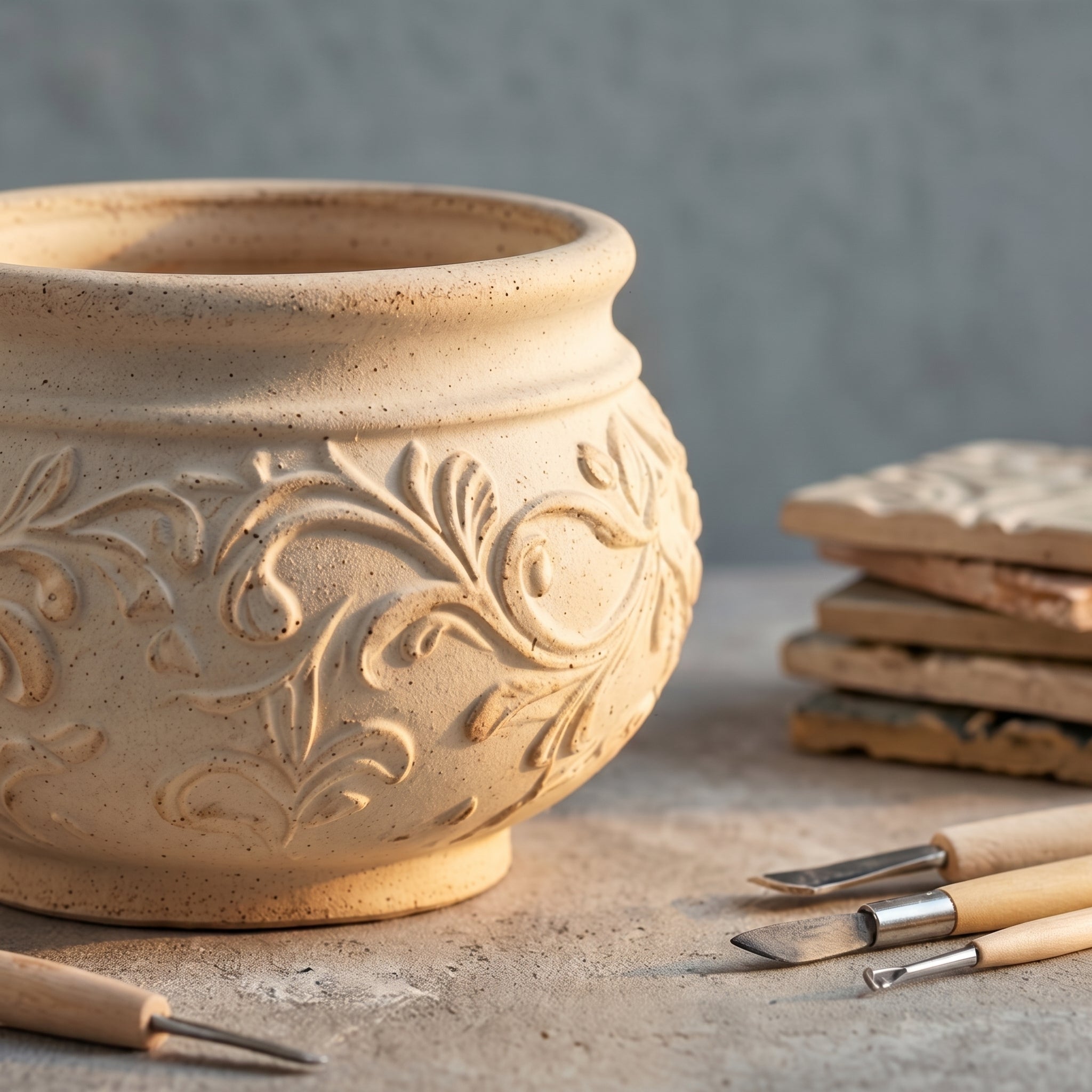 Embossed Botanical Scrollwork Stoneware Planter Bowl