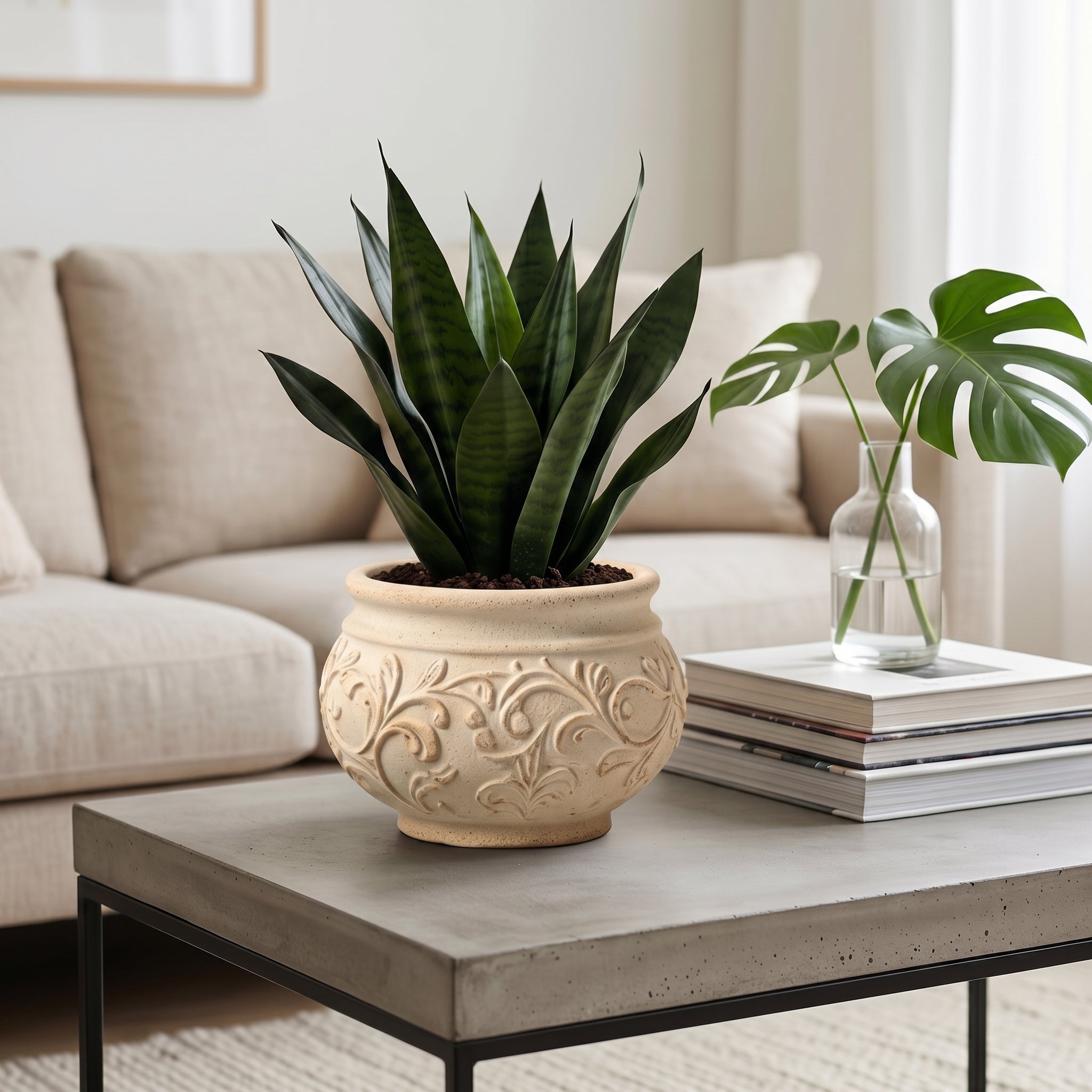 Embossed Botanical Scrollwork Stoneware Planter Bowl