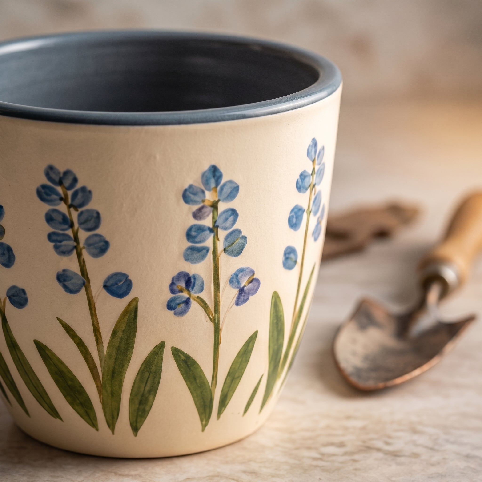 Hand-Painted Blue Wildflower Ceramic Planter