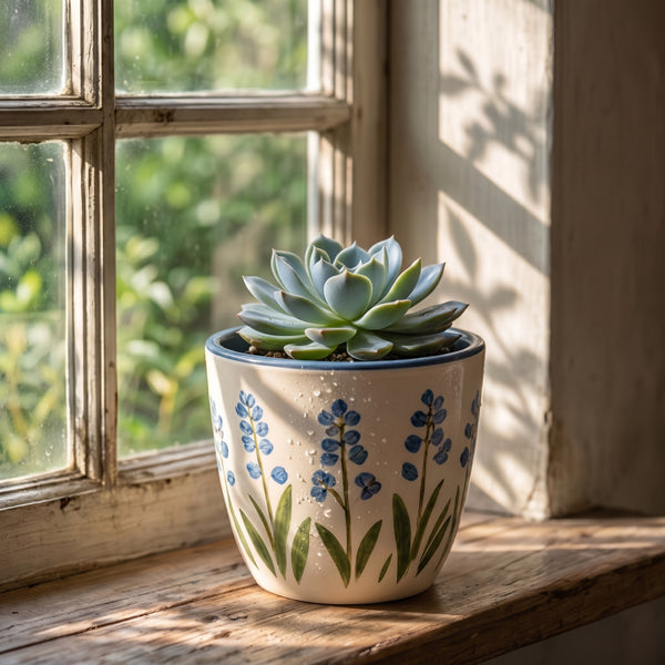 Hand-Painted Blue Wildflower Ceramic Planter