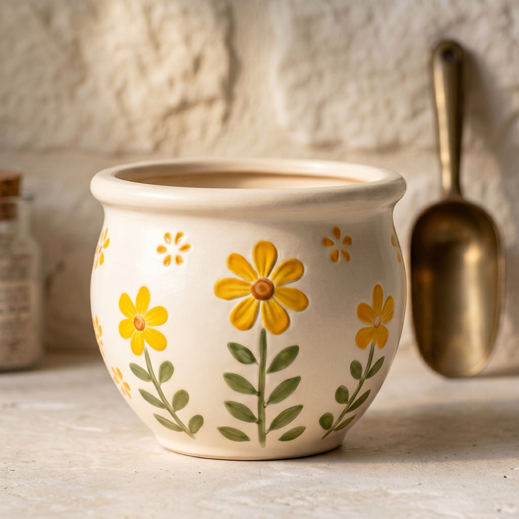 Hand-Painted Yellow Daisy Ceramic Planter