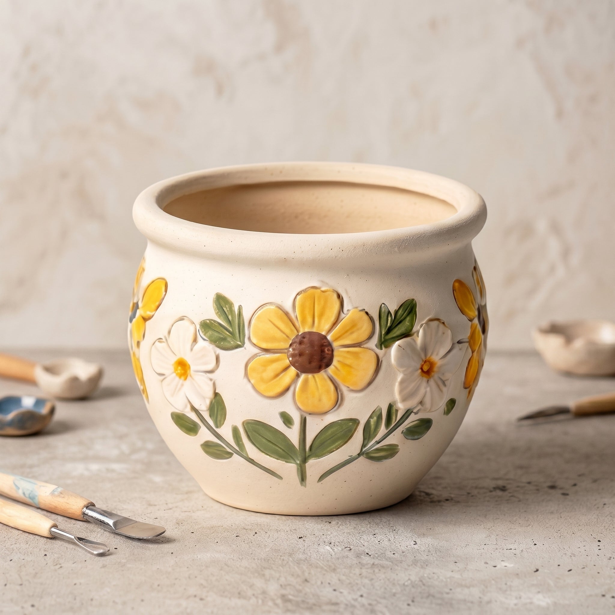 Hand-Painted Embossed Floral Ceramic Planter Bowl