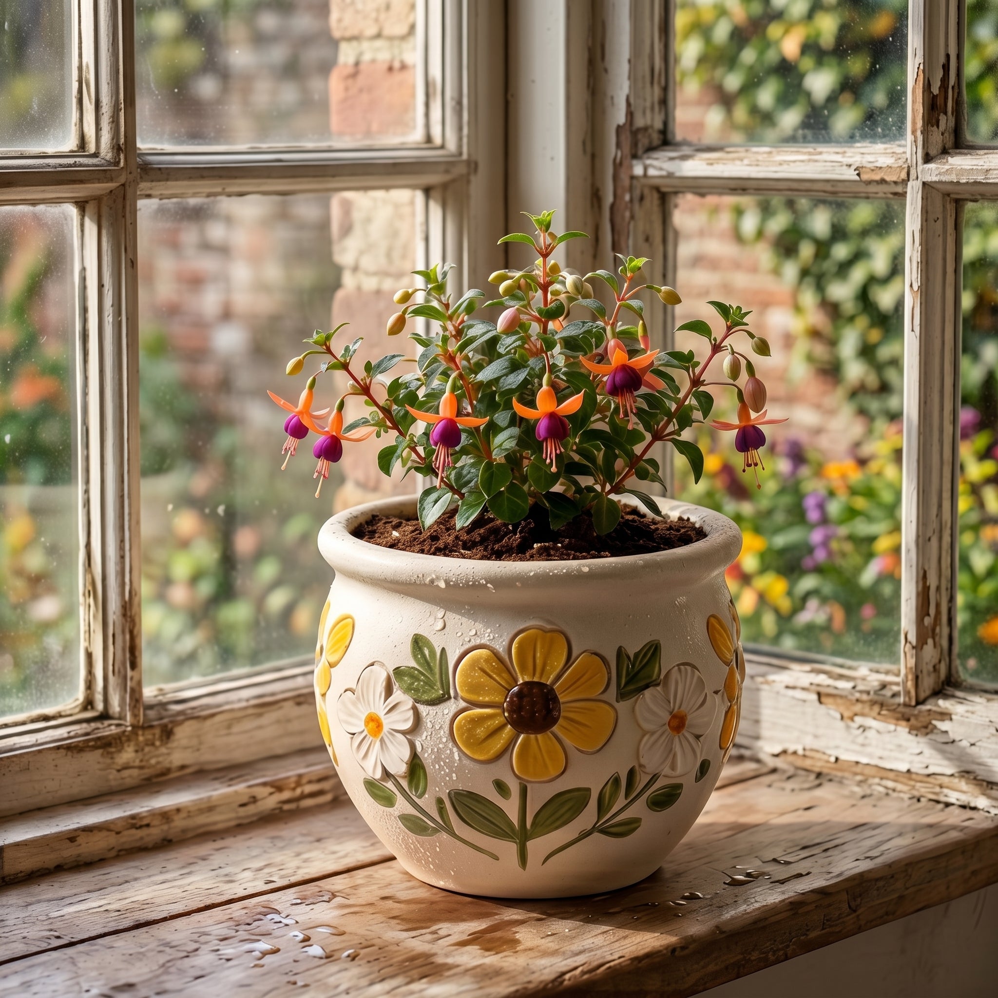 Hand-Painted Embossed Floral Ceramic Planter Bowl