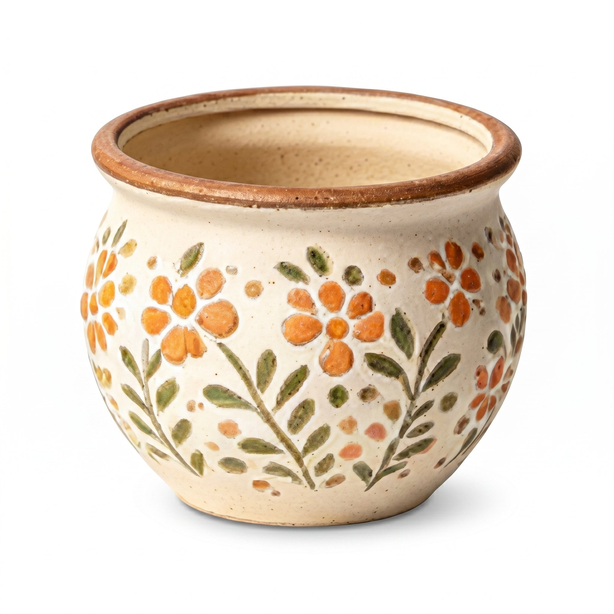 Hand-Painted Rustic Orange Floral Ceramic Planter Bowl