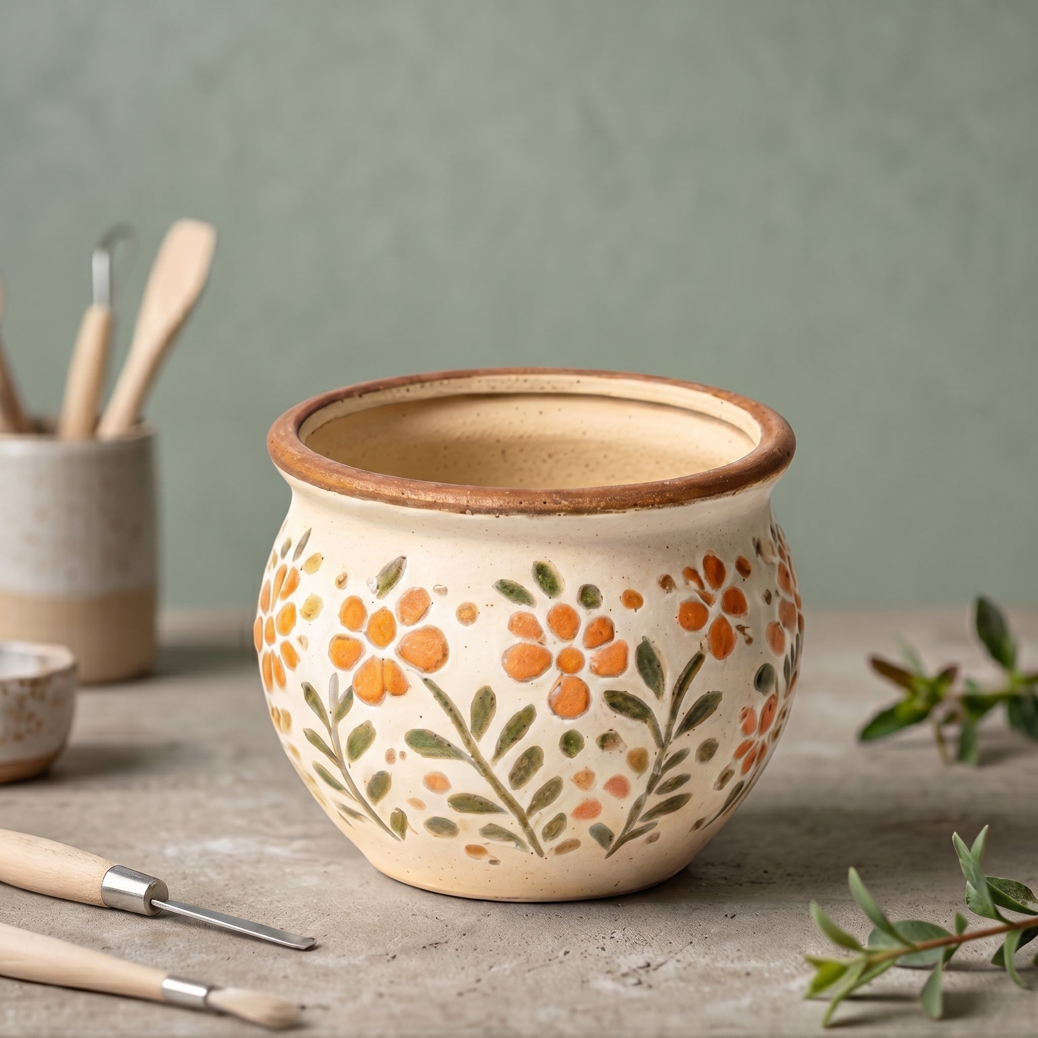 Hand-Painted Rustic Orange Floral Ceramic Planter Bowl
