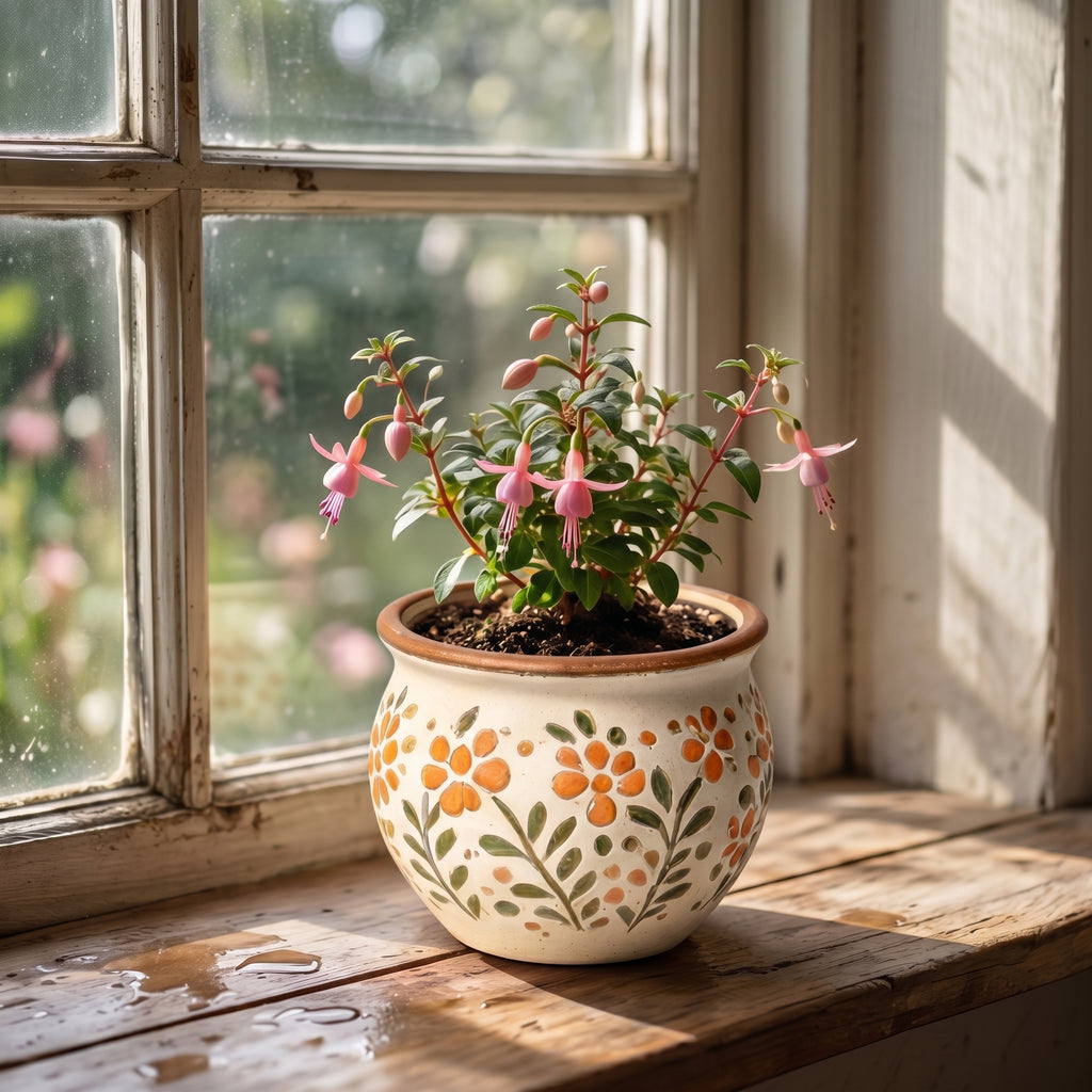 Hand-Painted Rustic Orange Floral Ceramic Planter Bowl