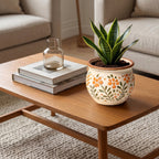 Hand-Painted Rustic Orange Floral Ceramic Planter Bowl