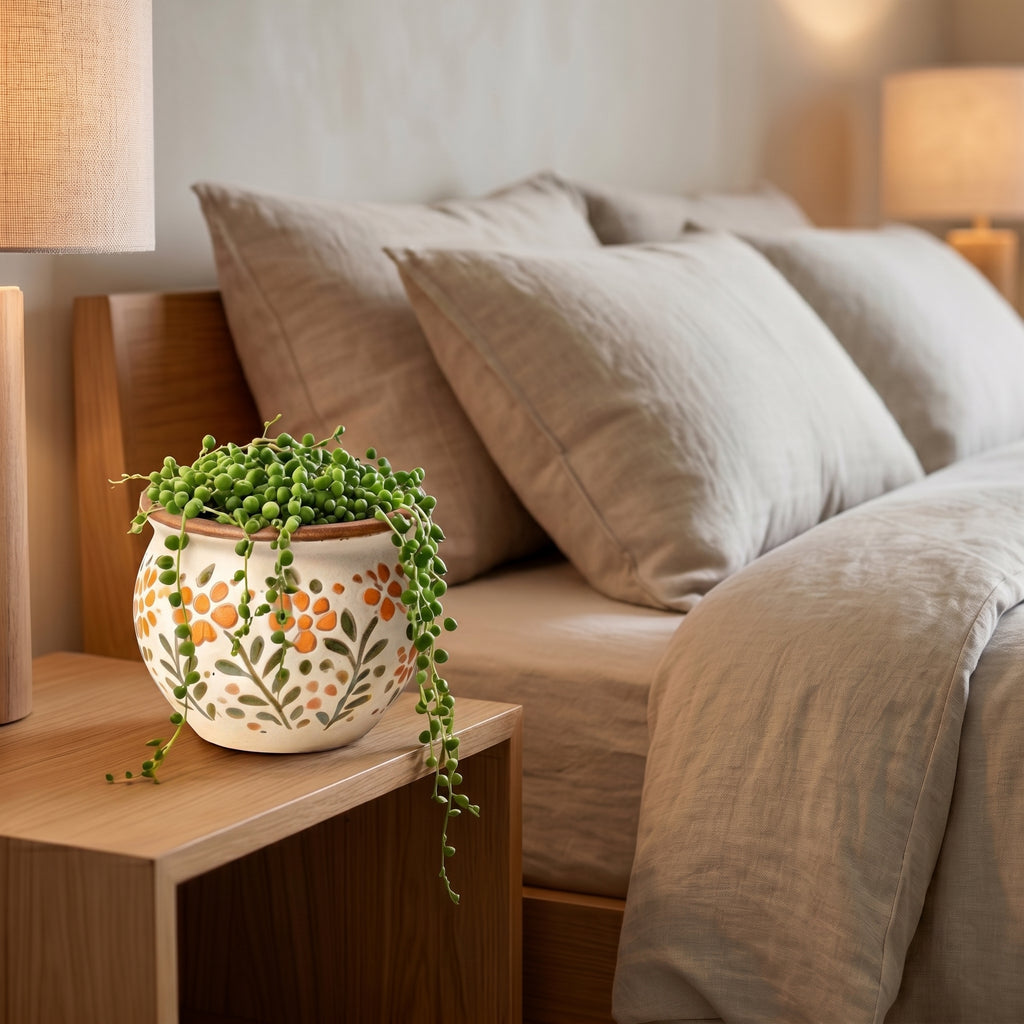 Hand-Painted Rustic Orange Floral Ceramic Planter Bowl