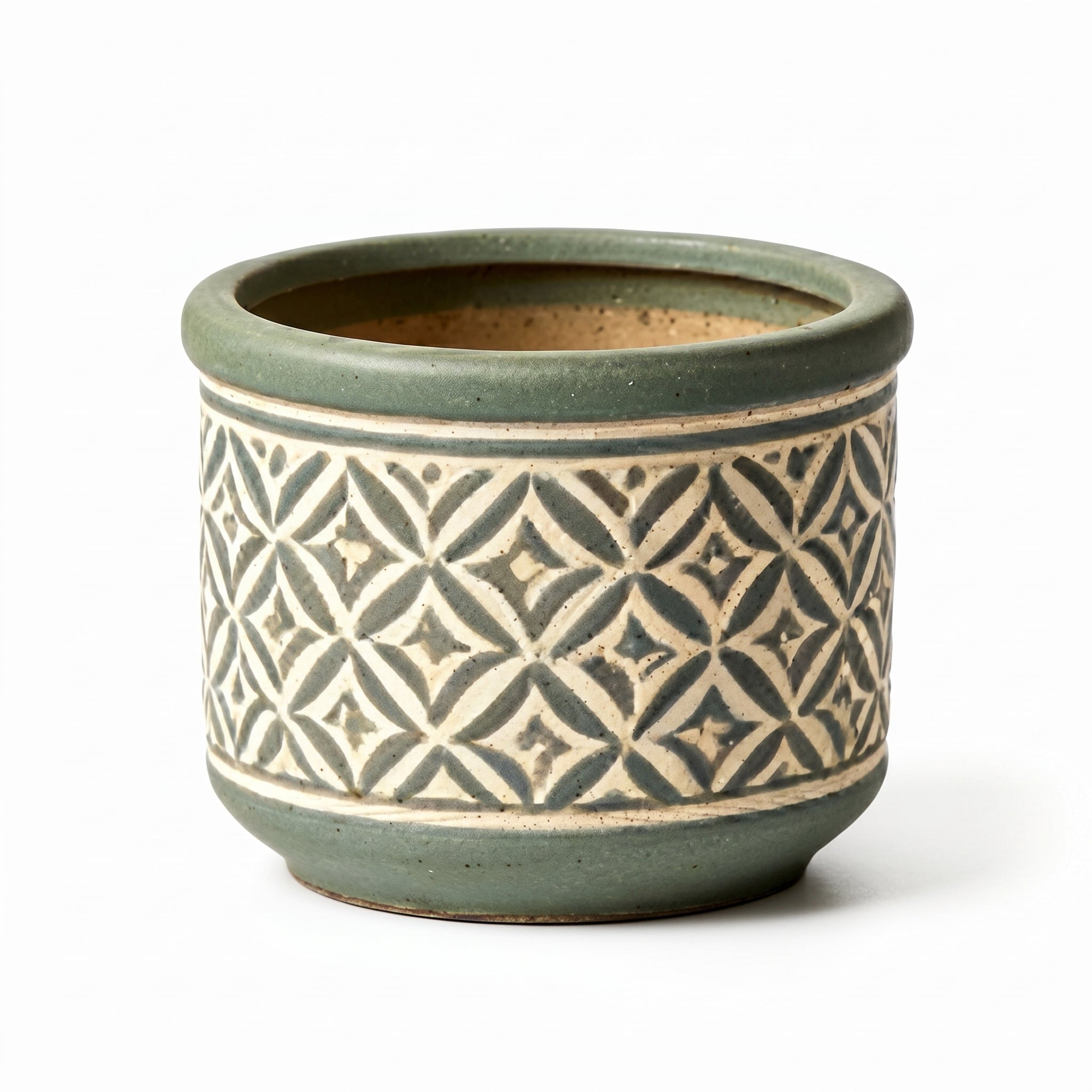Artisan Carved Geometric Ceramic Planter in Sage Green