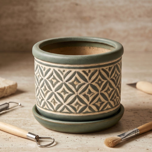 Artisan Carved Geometric Ceramic Planter in Sage Green