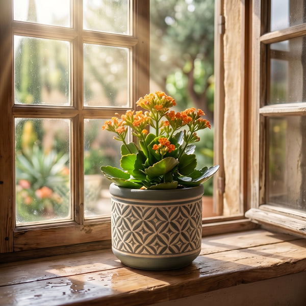 Artisan Carved Geometric Ceramic Planter in Sage Green