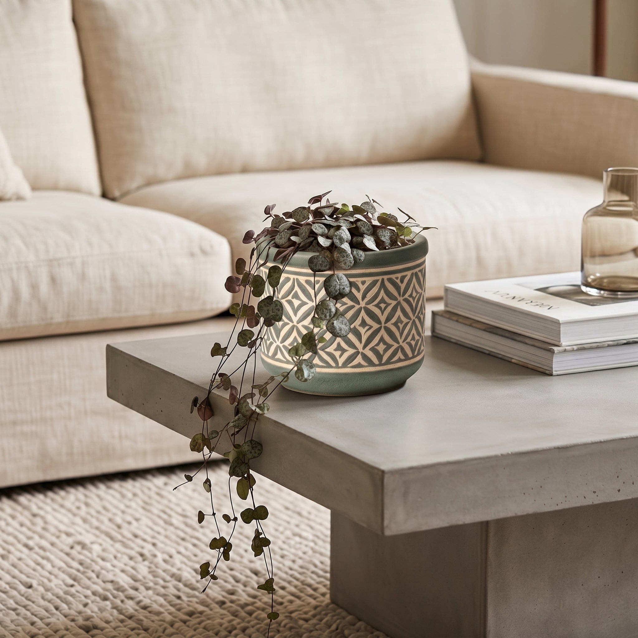 Artisan Carved Geometric Ceramic Planter in Sage Green