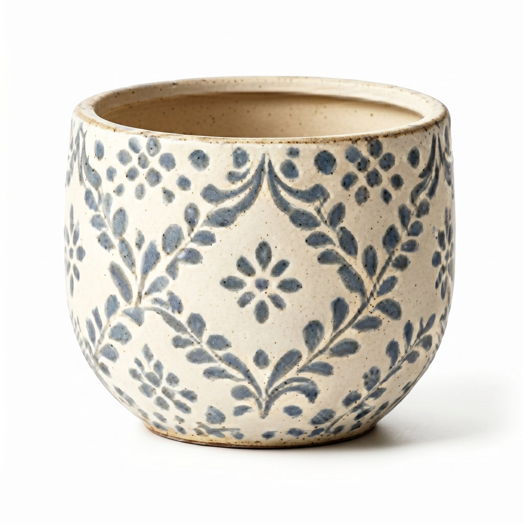 Rustic Blue Floral Vine Ceramic Planter