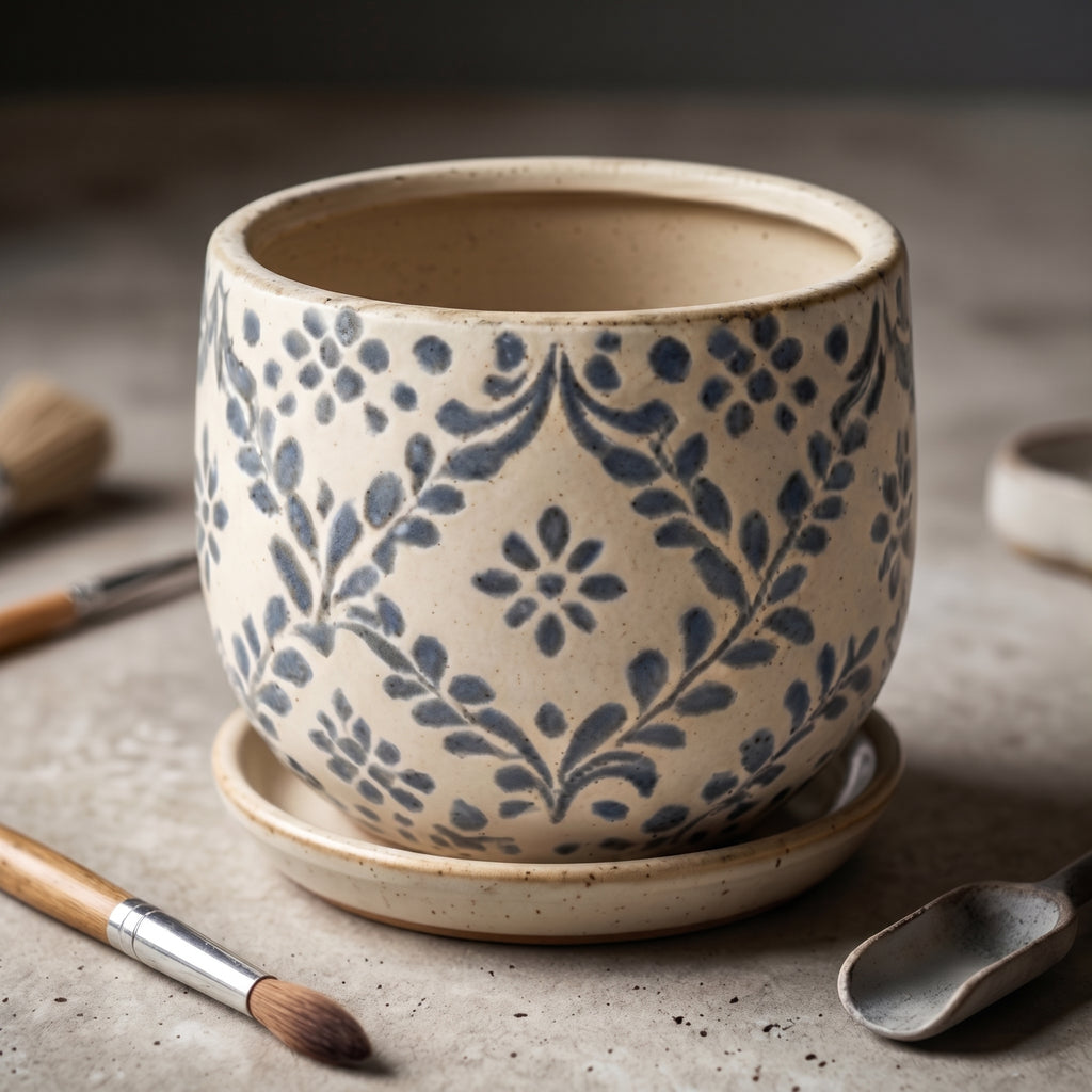 Rustic Blue Floral Vine Ceramic Planter