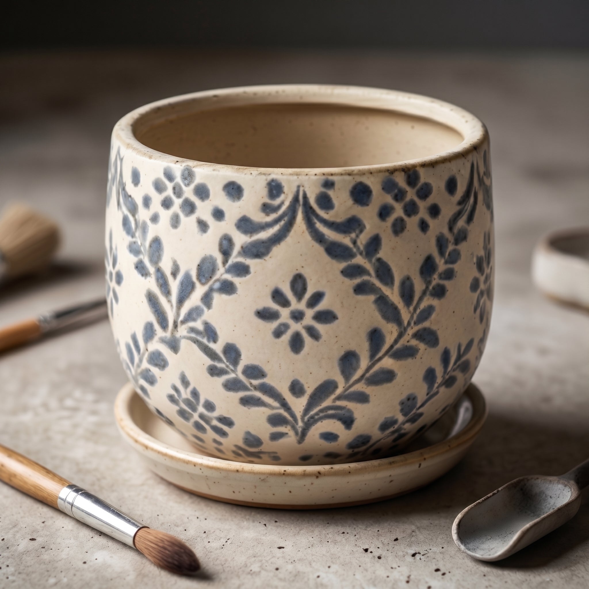 Rustic Blue Floral Vine Ceramic Planter