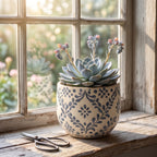 Rustic Blue Floral Vine Ceramic Planter