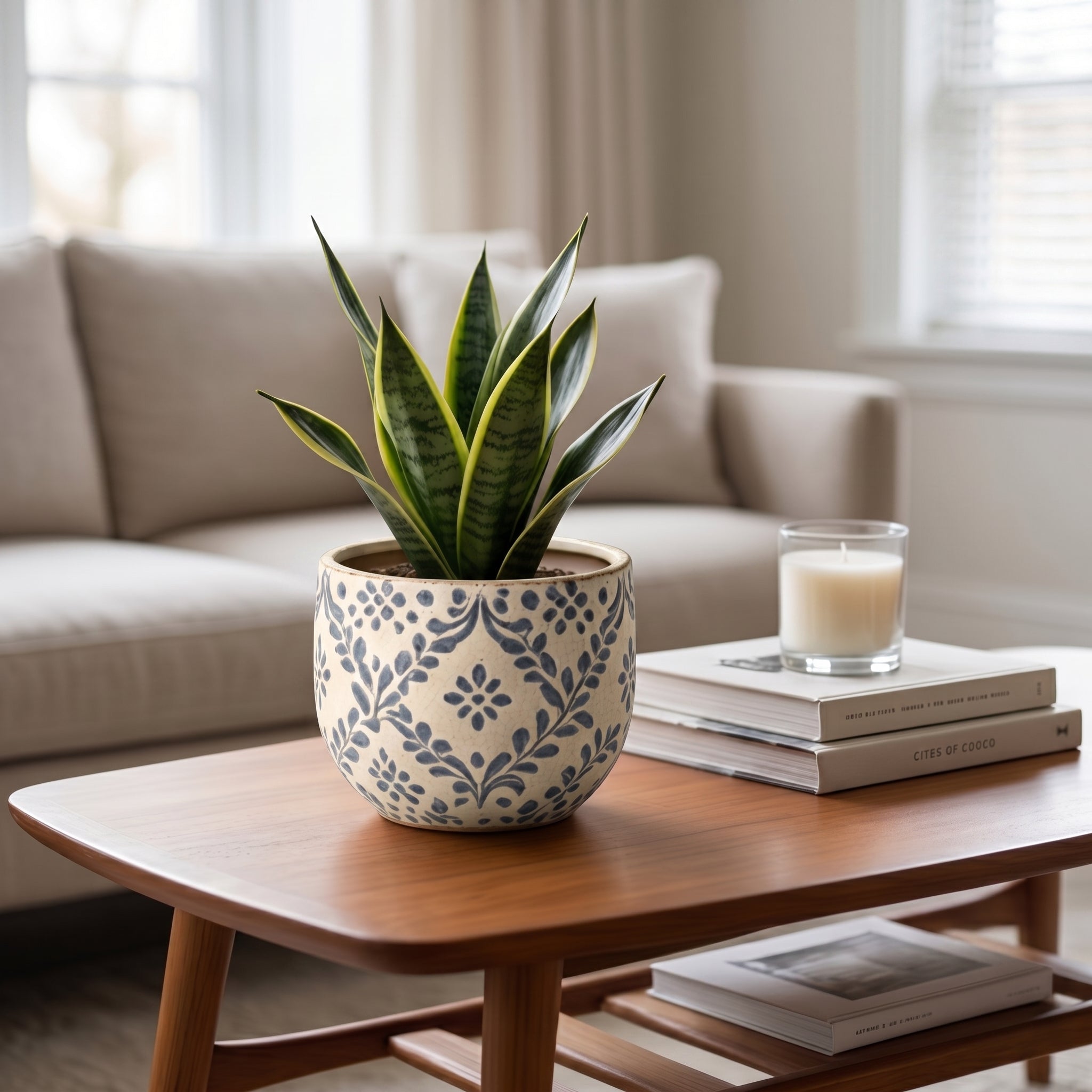 Rustic Blue Floral Vine Ceramic Planter