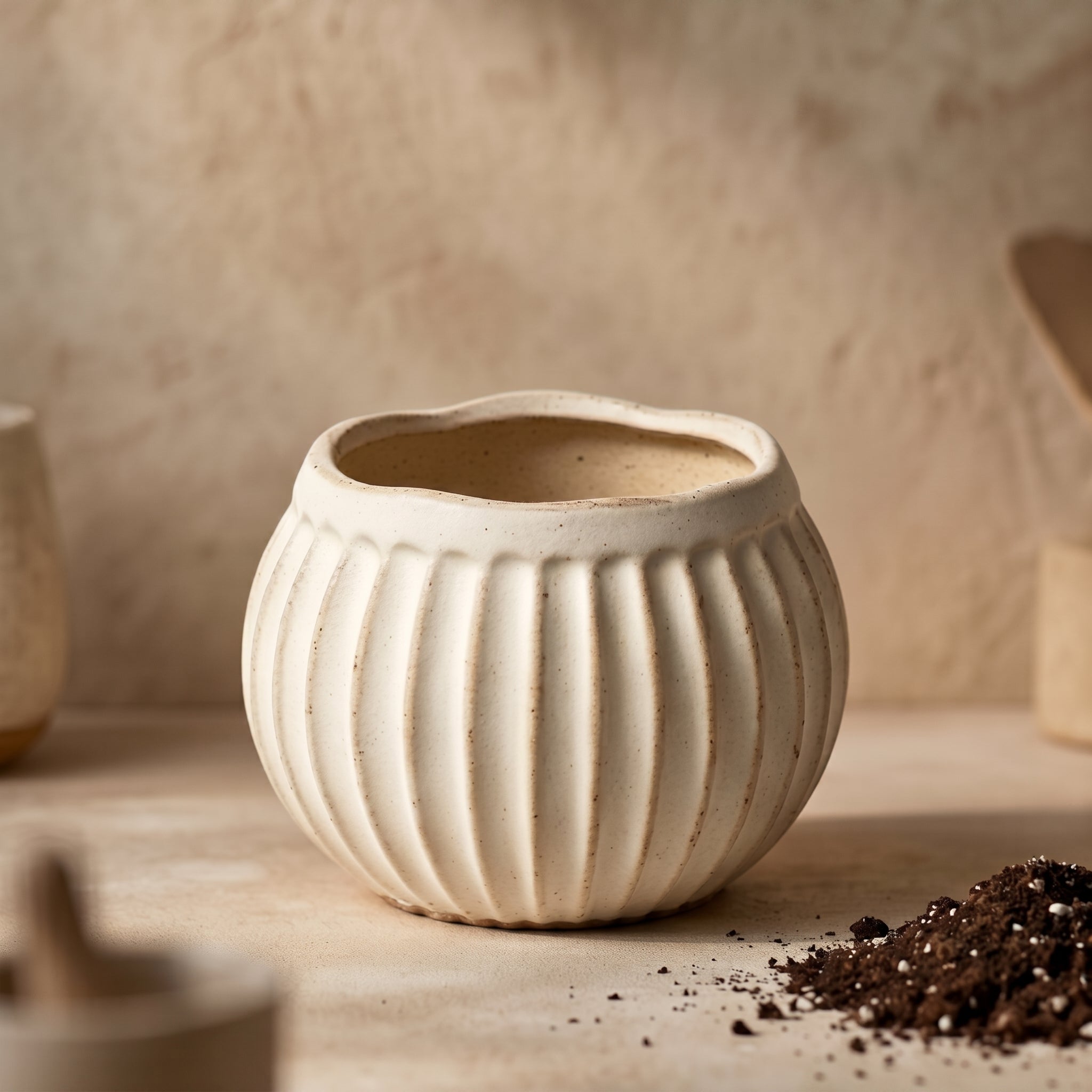 Organic Ribbed Speckled Stoneware Planter