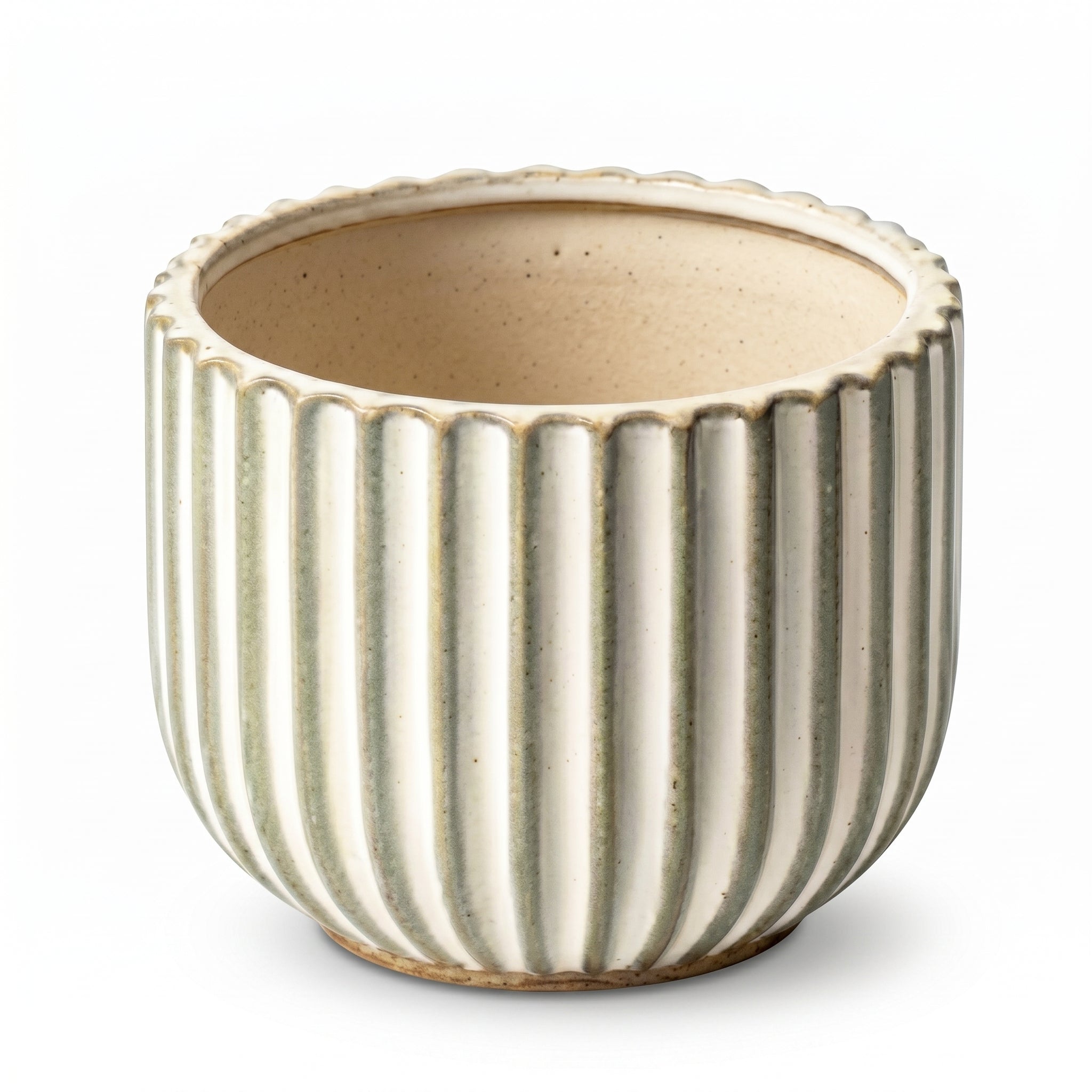 Fluted Stoneware Planter in Cream and Sage