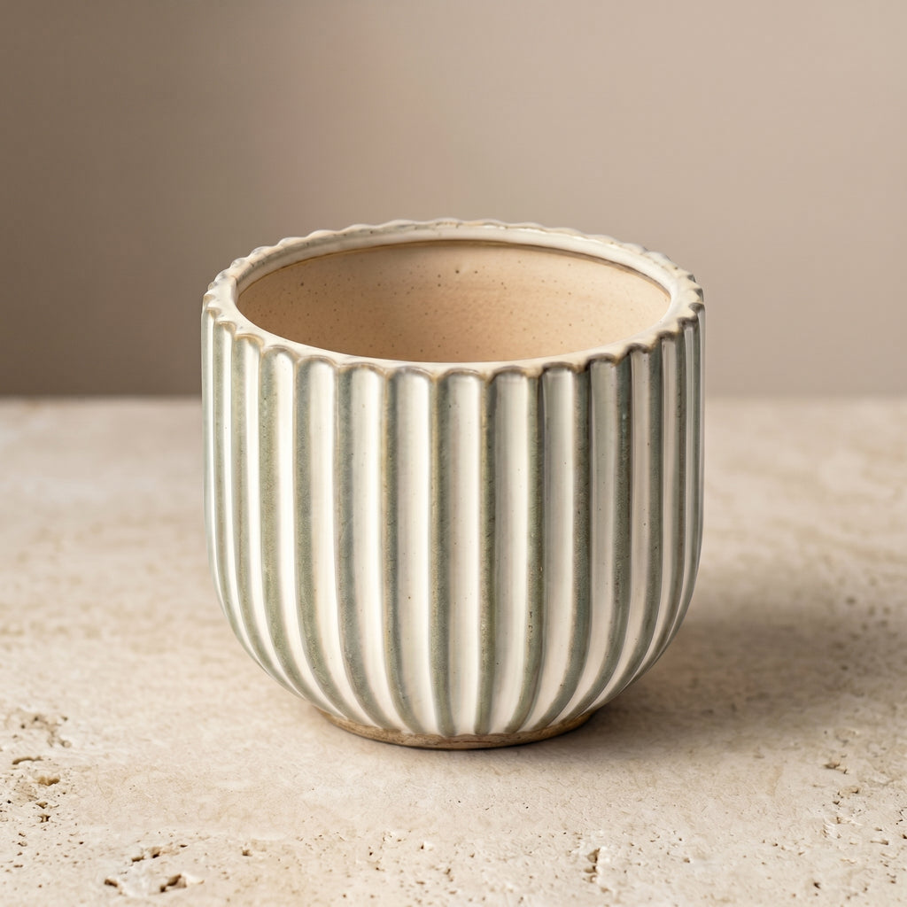 Fluted Stoneware Planter in Cream and Sage