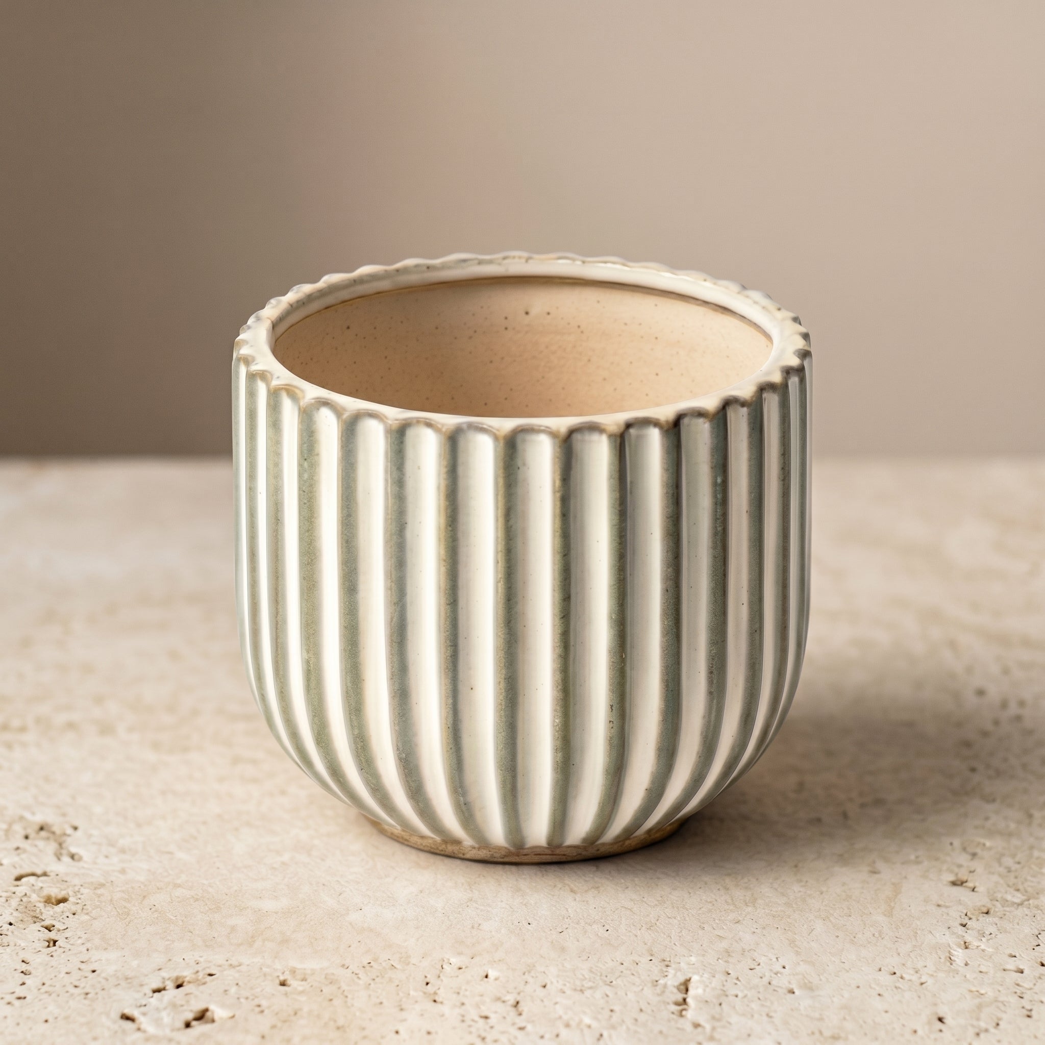Fluted Stoneware Planter in Cream and Sage