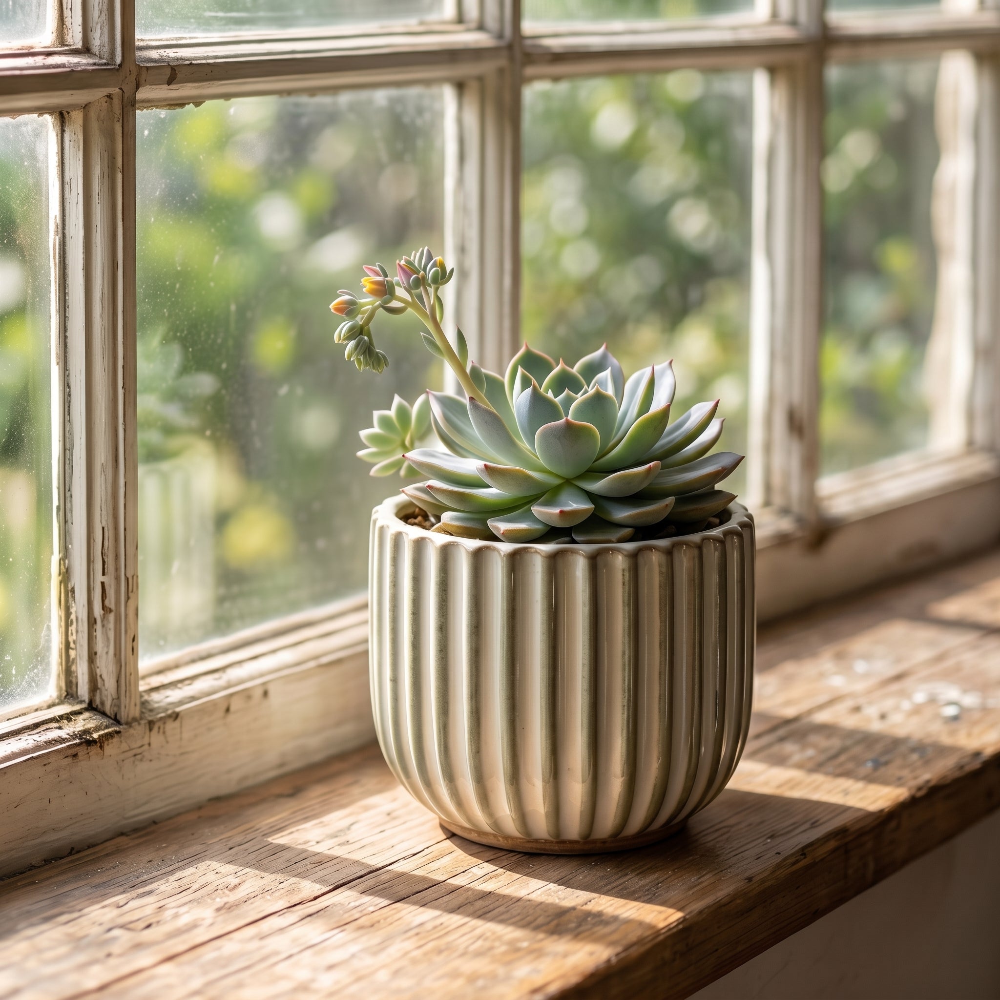 Fluted Stoneware Planter in Cream and Sage