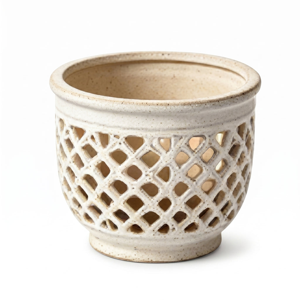 Speckled Cream Pierced Lattice Ceramic Planter